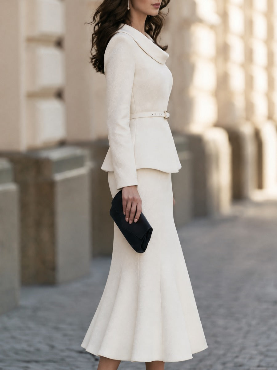 Cowl Neck Belted Top And Mermaid Midi Skirt Two-Piece Set