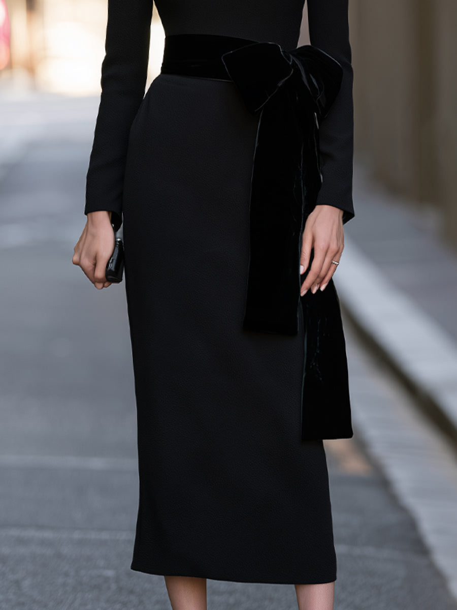 Fixed Velvet Belt Boat-Neck Long-Sleeve Crepe Midi Dress