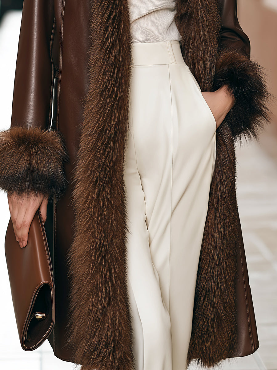Faux Fur Trim Faux Leather Long Coat