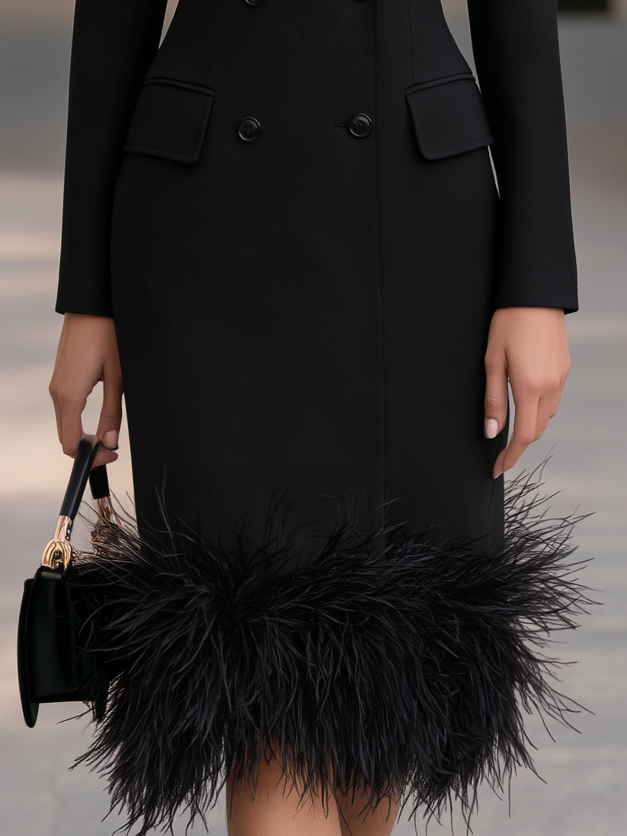 Detachable Feather Trim Double-Breasted Midi Blazer Dress