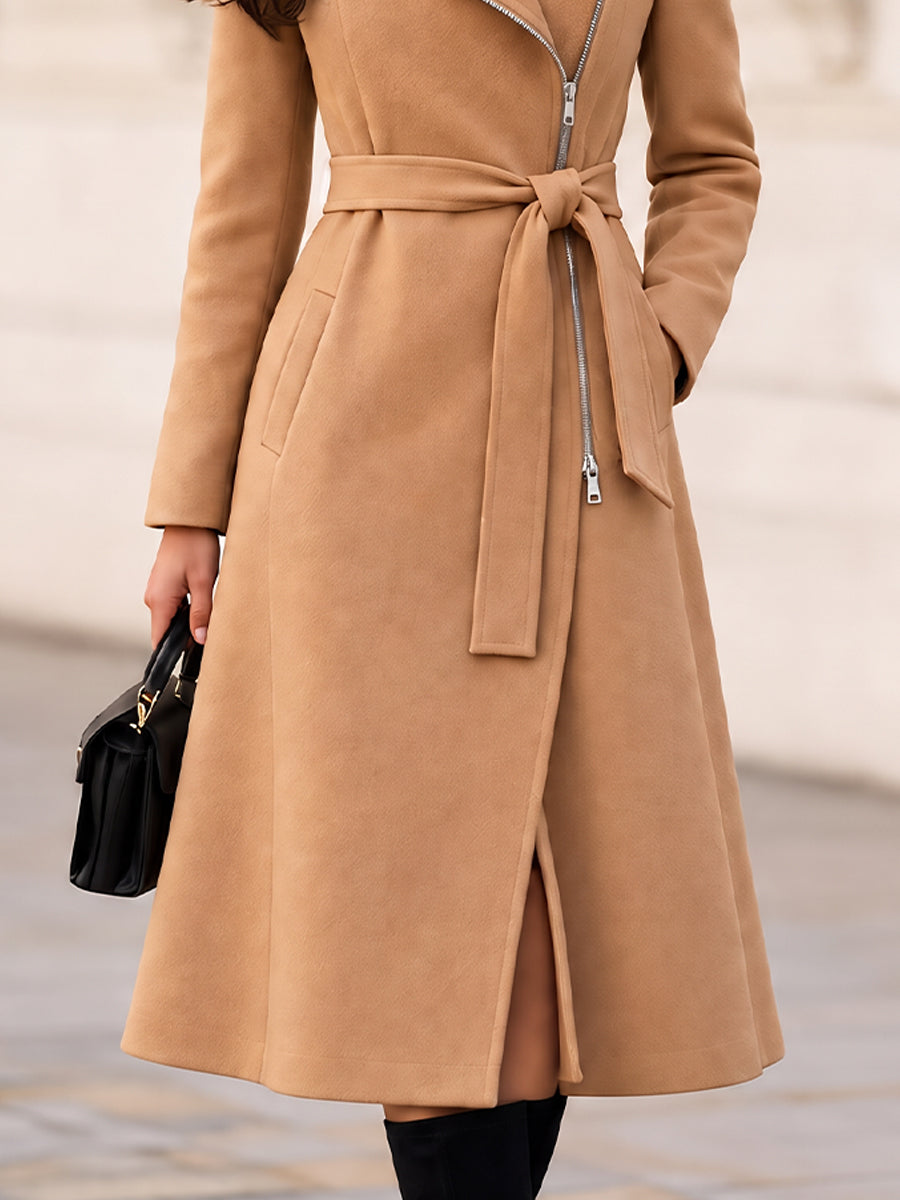 Asymmetrical Zip Belted Wool Blend Midi Coat