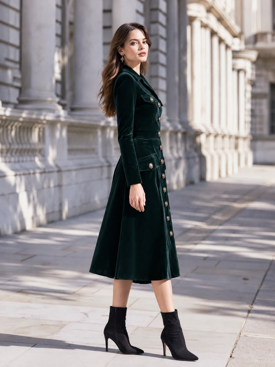Vintage Velvet Lapel Collar Single Breasted Fitted Midi Coat