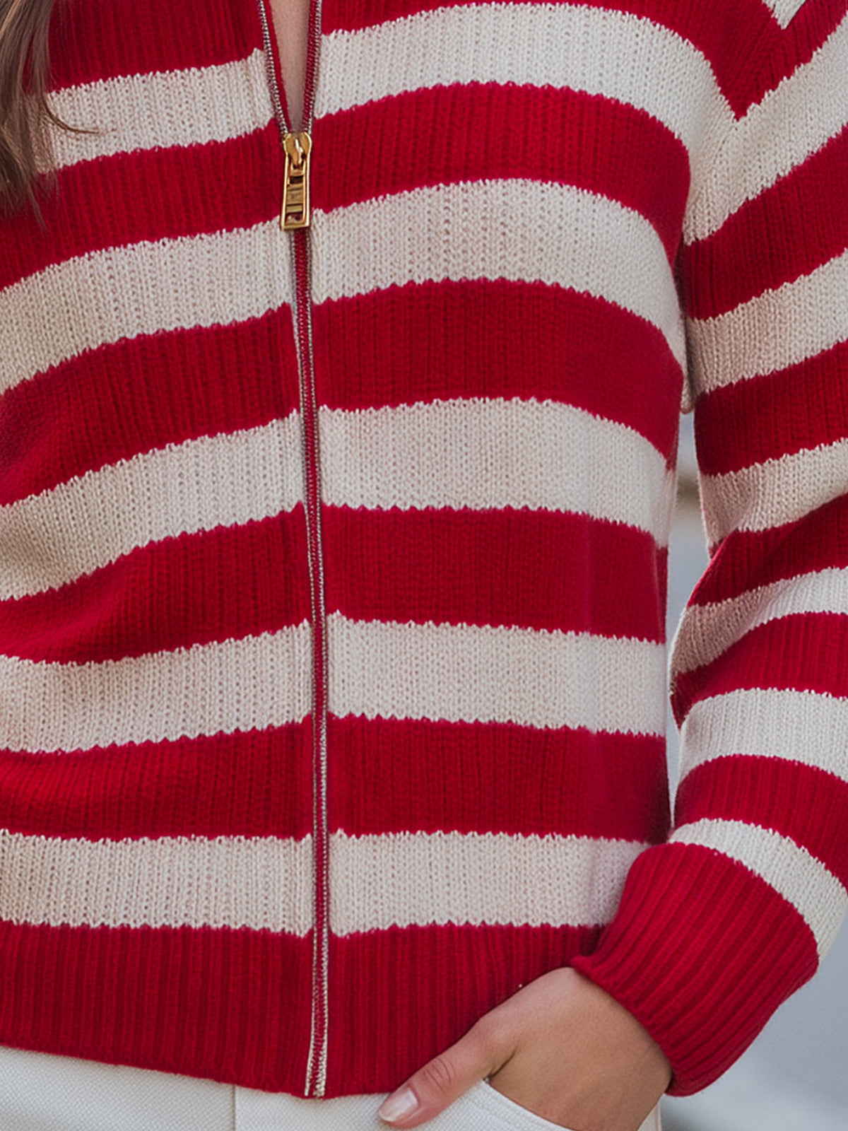 Striped Zip-Up Knit Cardigan