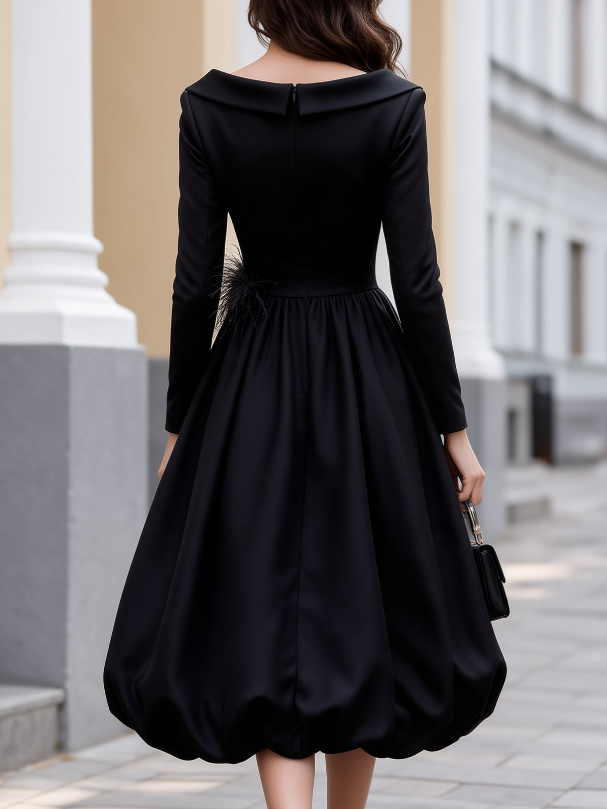 Feather Appliqué Bubble Hem Midi Dress