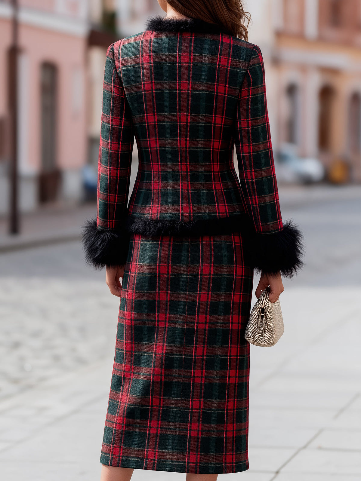 Faux Fur Trim Plaid Jacket And Midi Skirt Two-Piece Set