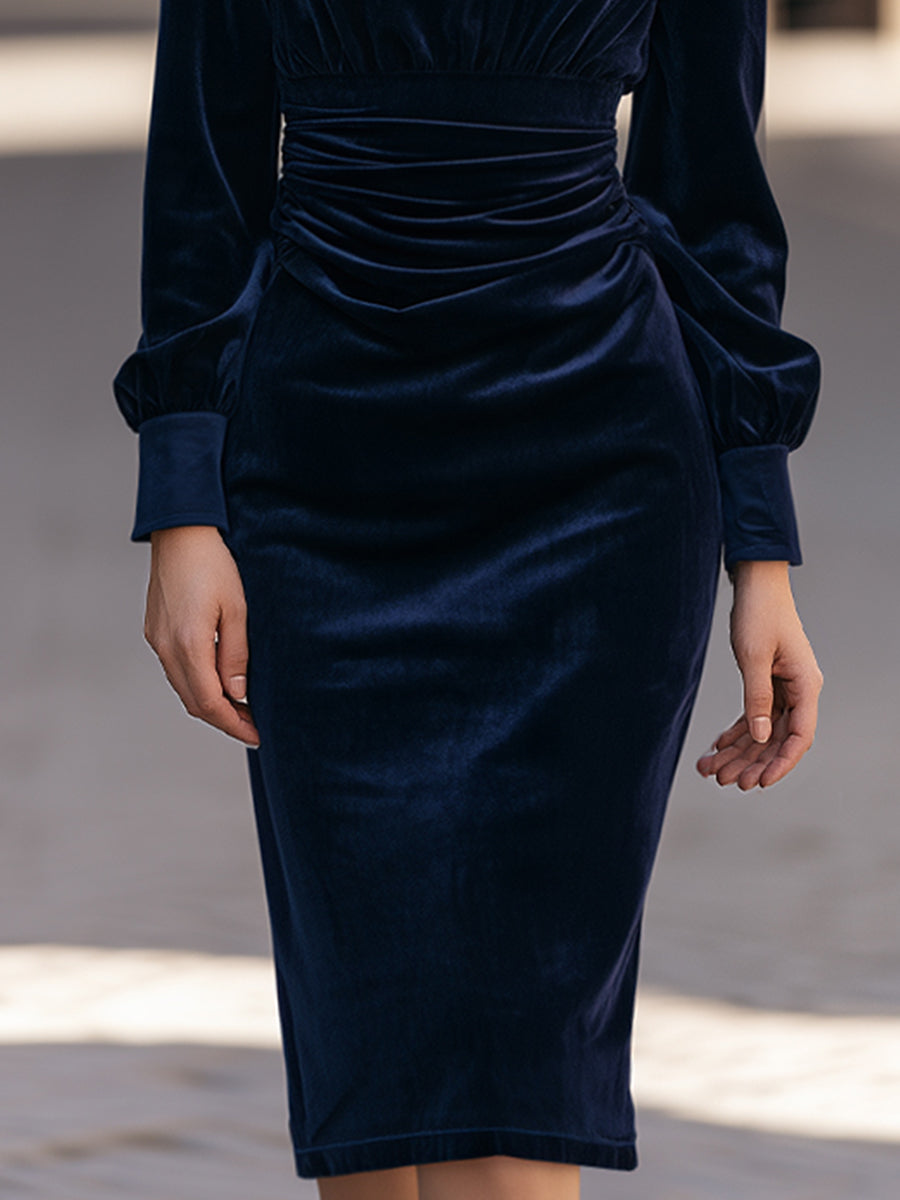 Draped Cowl Neck Satin Trim Velvet Midi Dress