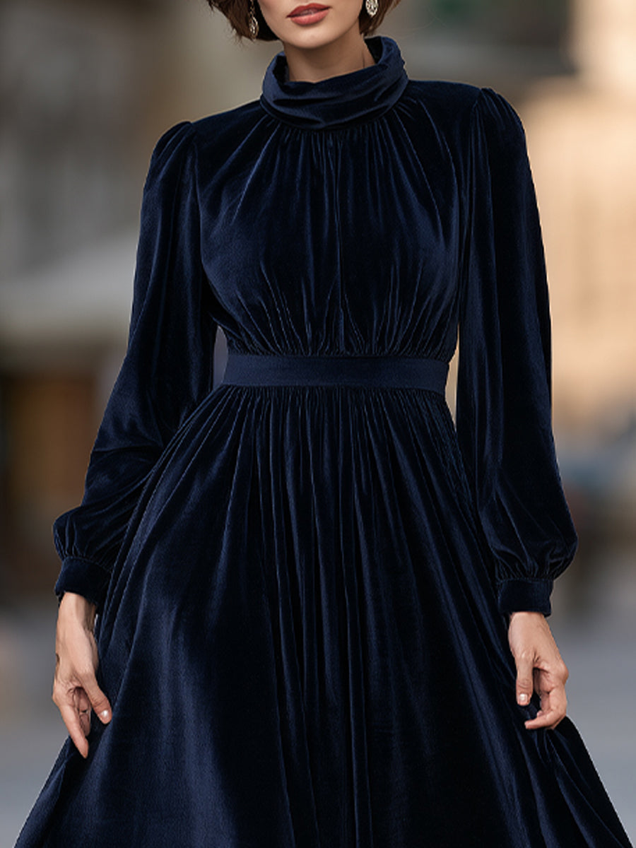 High-Neck Gathered Waist Long Velvet Maxi Dress