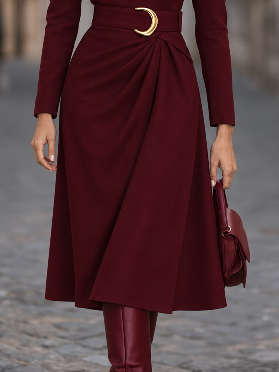 Belted Mock-Neck Draped Midi Dress