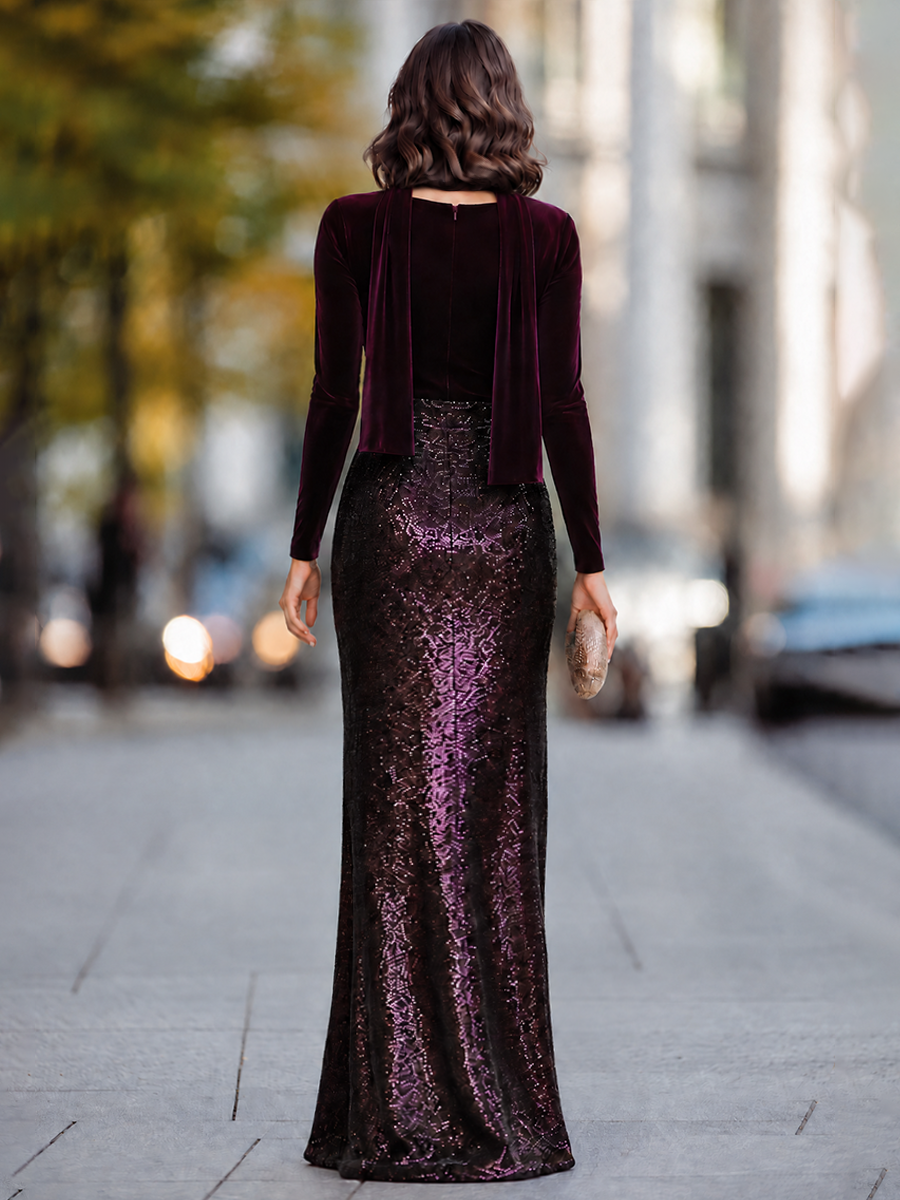 Velvet Cowl Neck Sequin Maxi Dress