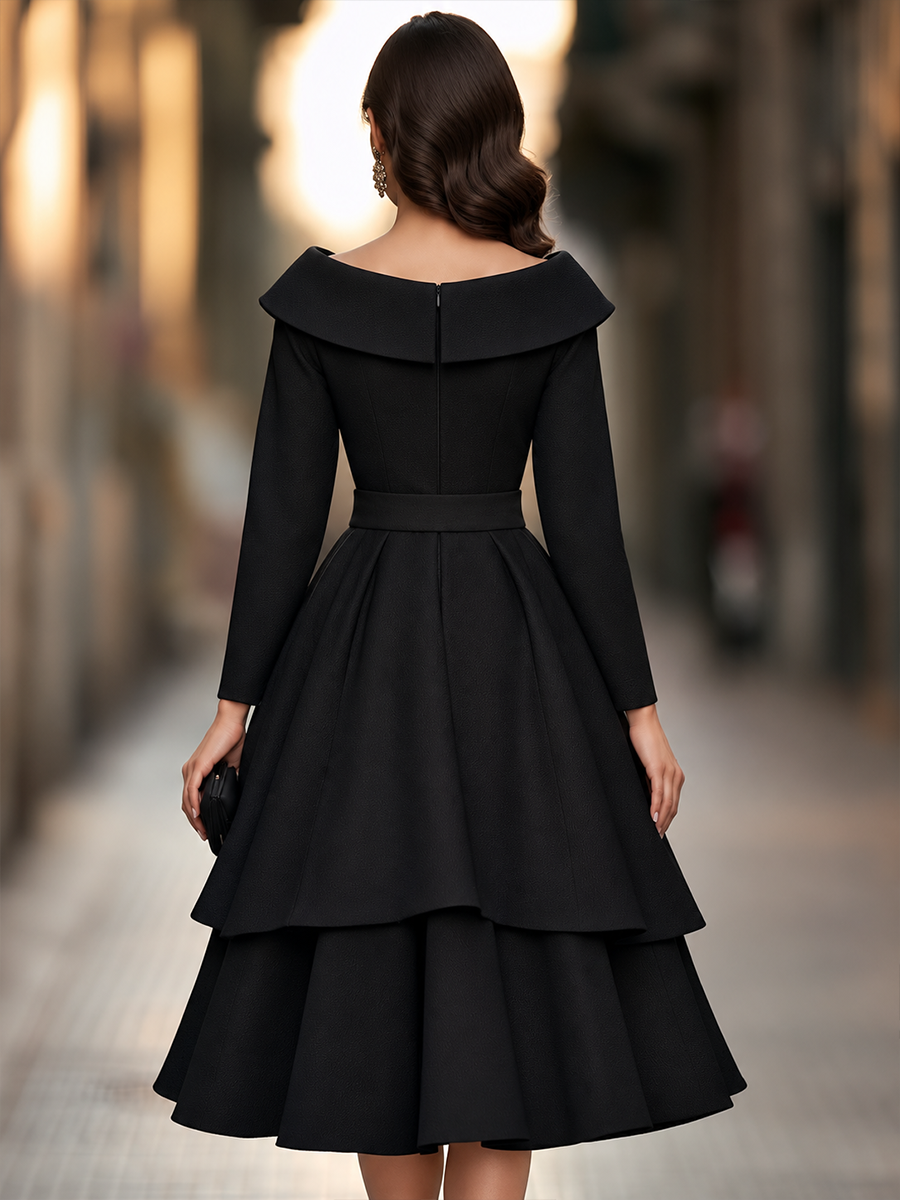 Shawl Collar Sequin Inset Tiered Midi Dress