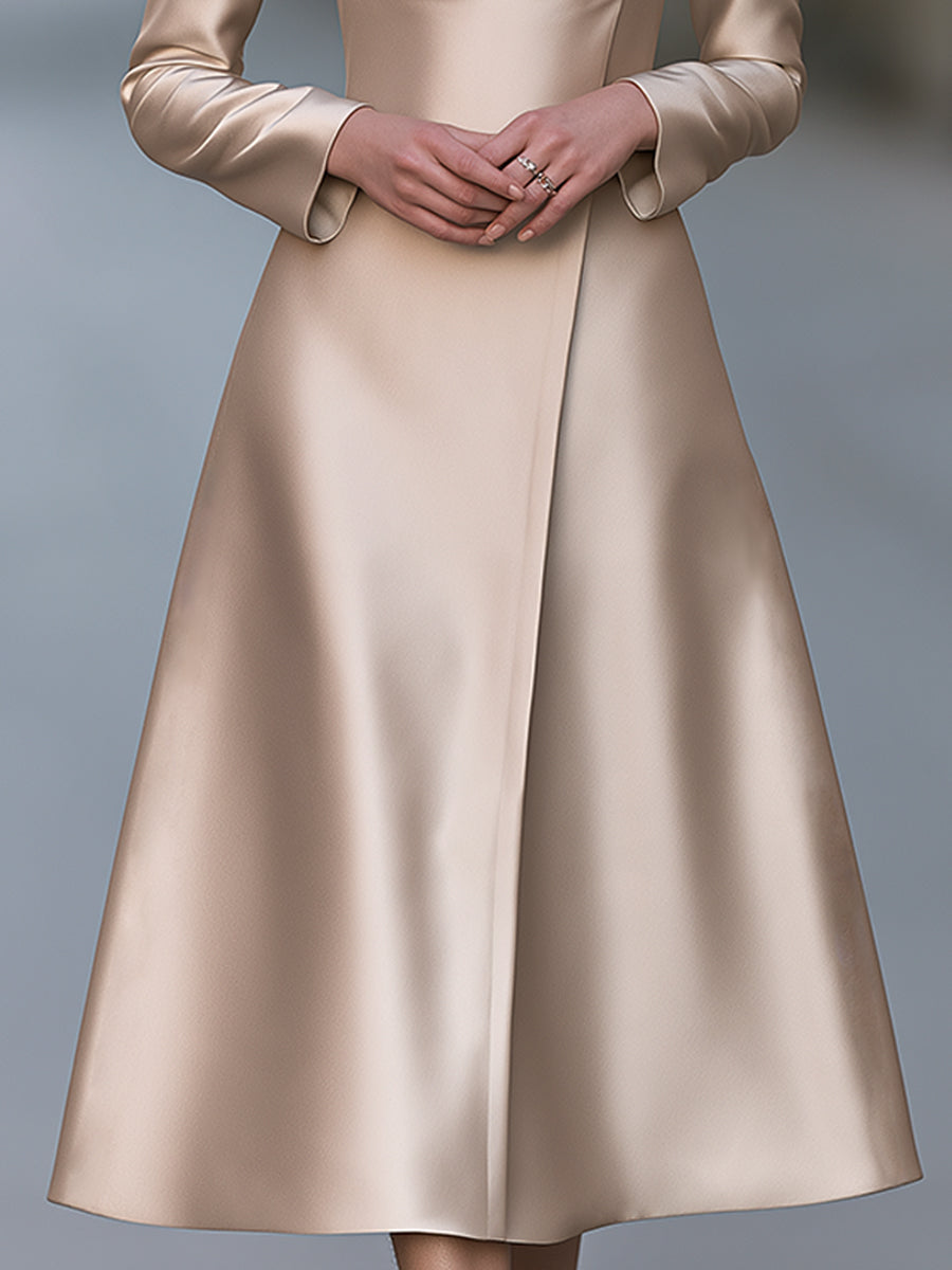 Elegant Champagne Satin Long Sleeve Wrap Front A-Line Maxi Dress