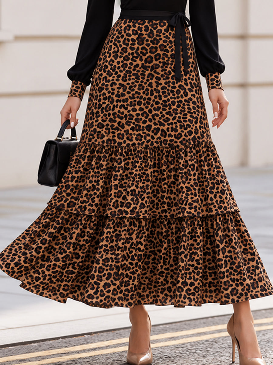 Boat Neck Balloon Sleeve Leopard Tiered Maxi Dress With Self Tie Waist