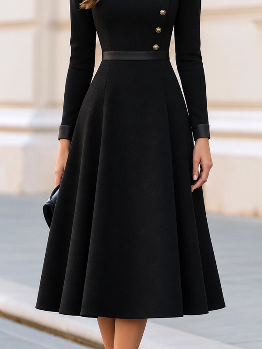 Square Neck Faux Leather Trim Gold Button Fit And Flare Midi Dress