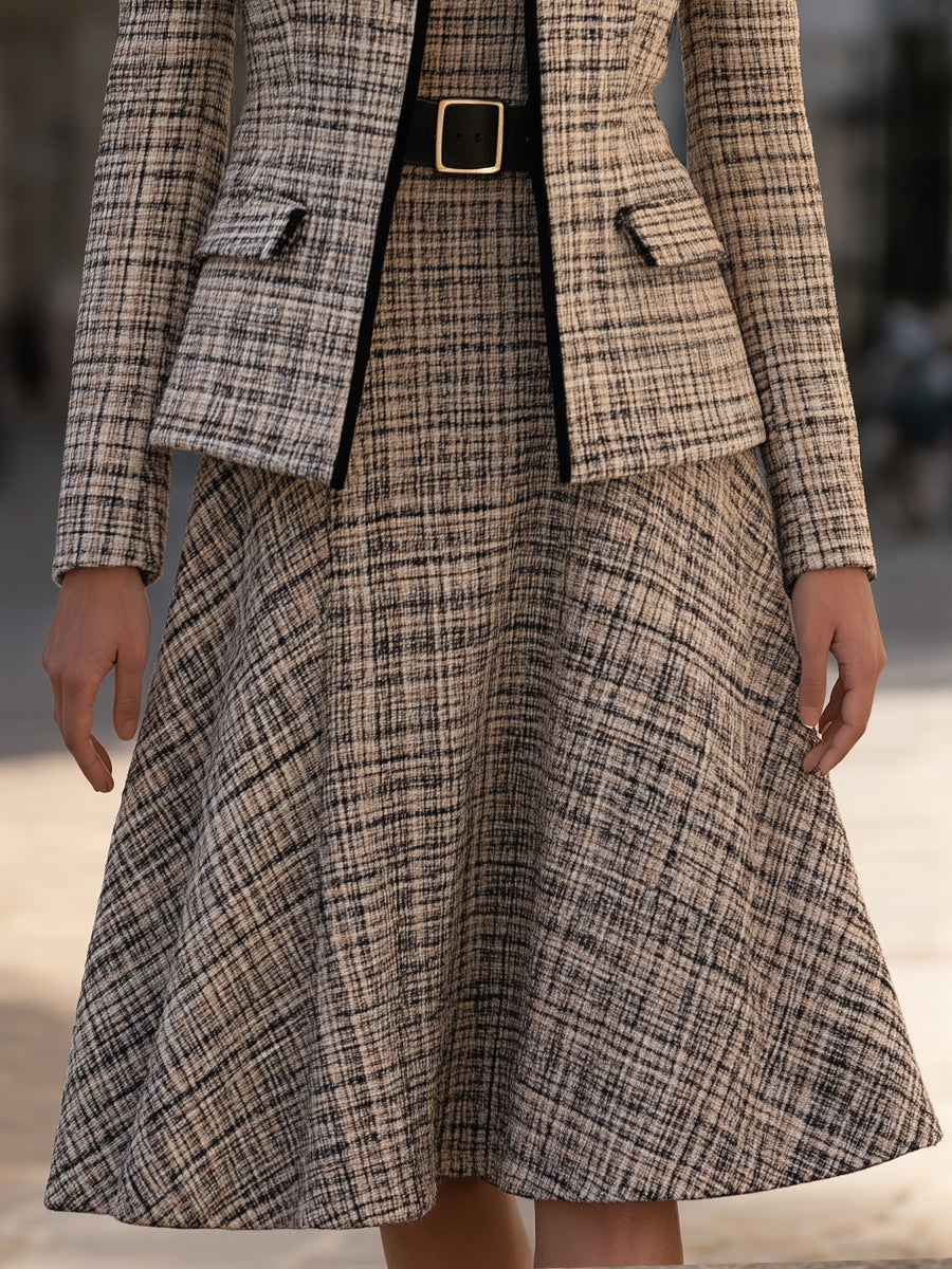 Plaid Blazer And Belted Midi Dress Set