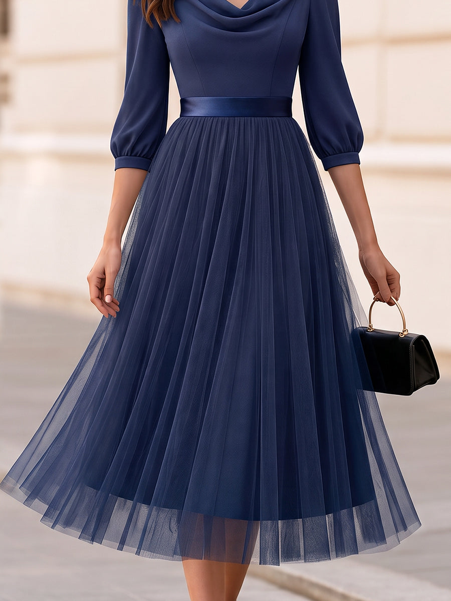 Cowl Neck Puff Three Quarter Sleeve Satin Waistband Tulle Midi Dress