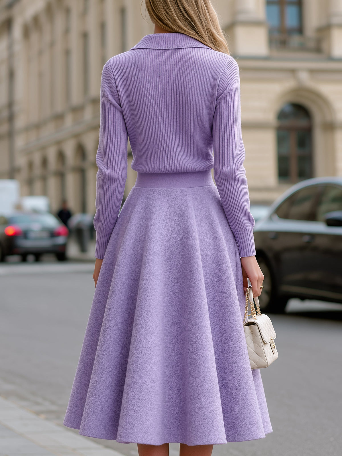 Knit Sweater Top And Woolen Midi Skirt Set