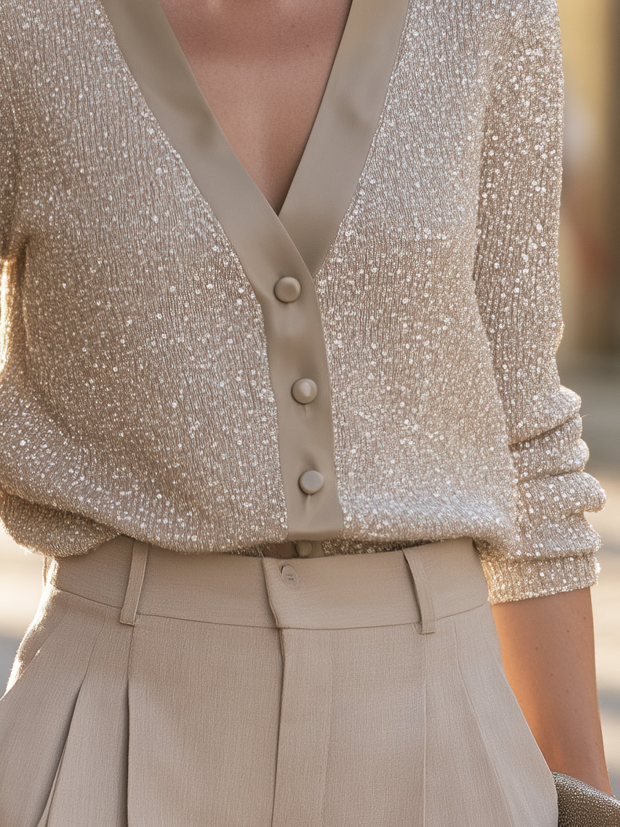 Sequin V-Neck Satin Trim Knit Cardigan