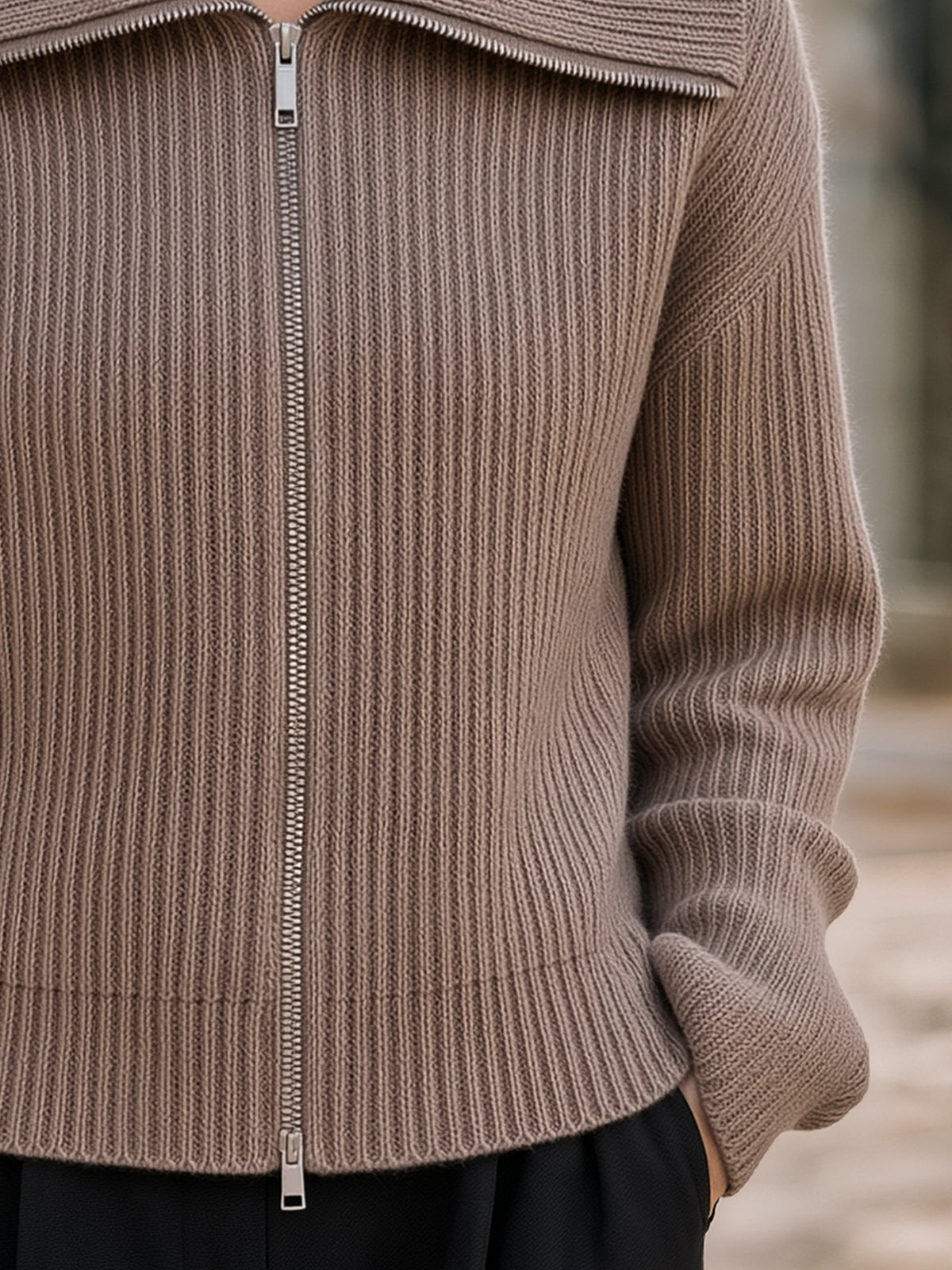 Wide-Collar Zip-Up Ribbed Knit Cardigan