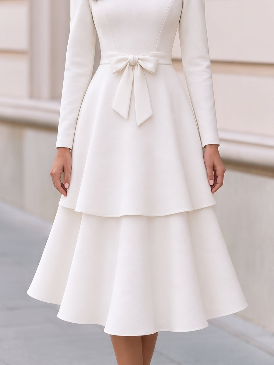 Boat Neck Long Sleeve Bow Waist Tiered Midi Dress