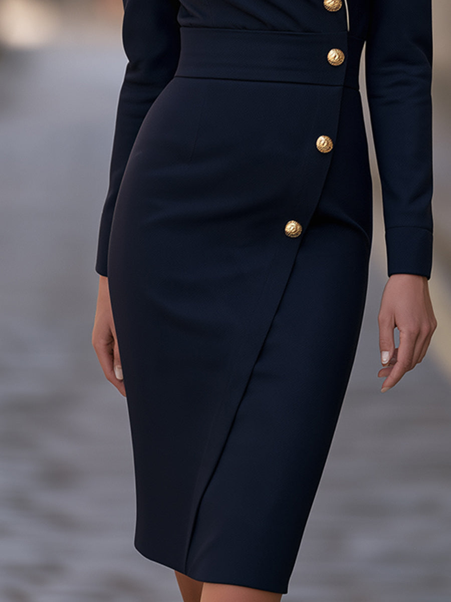 Asymmetric Contrast Lapel Gold-Button Midi Sheath Dress