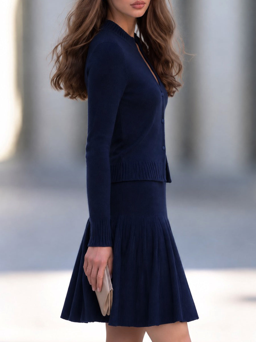 Navy Knit Two-Piece Set Button-Front Cardigan with Pleated Flare Skirt