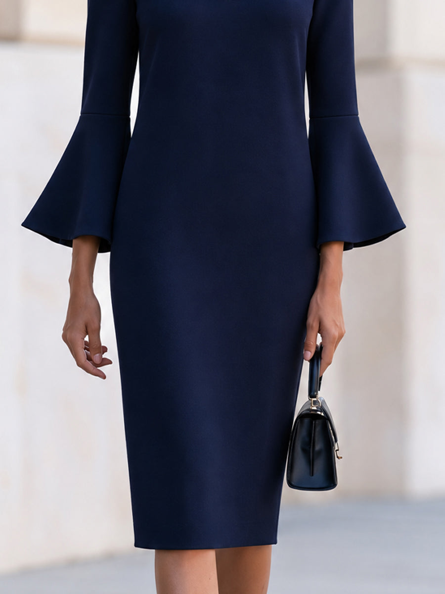 Keyhole Pleated Neck Flare Sleeve Sheath Midi Dress