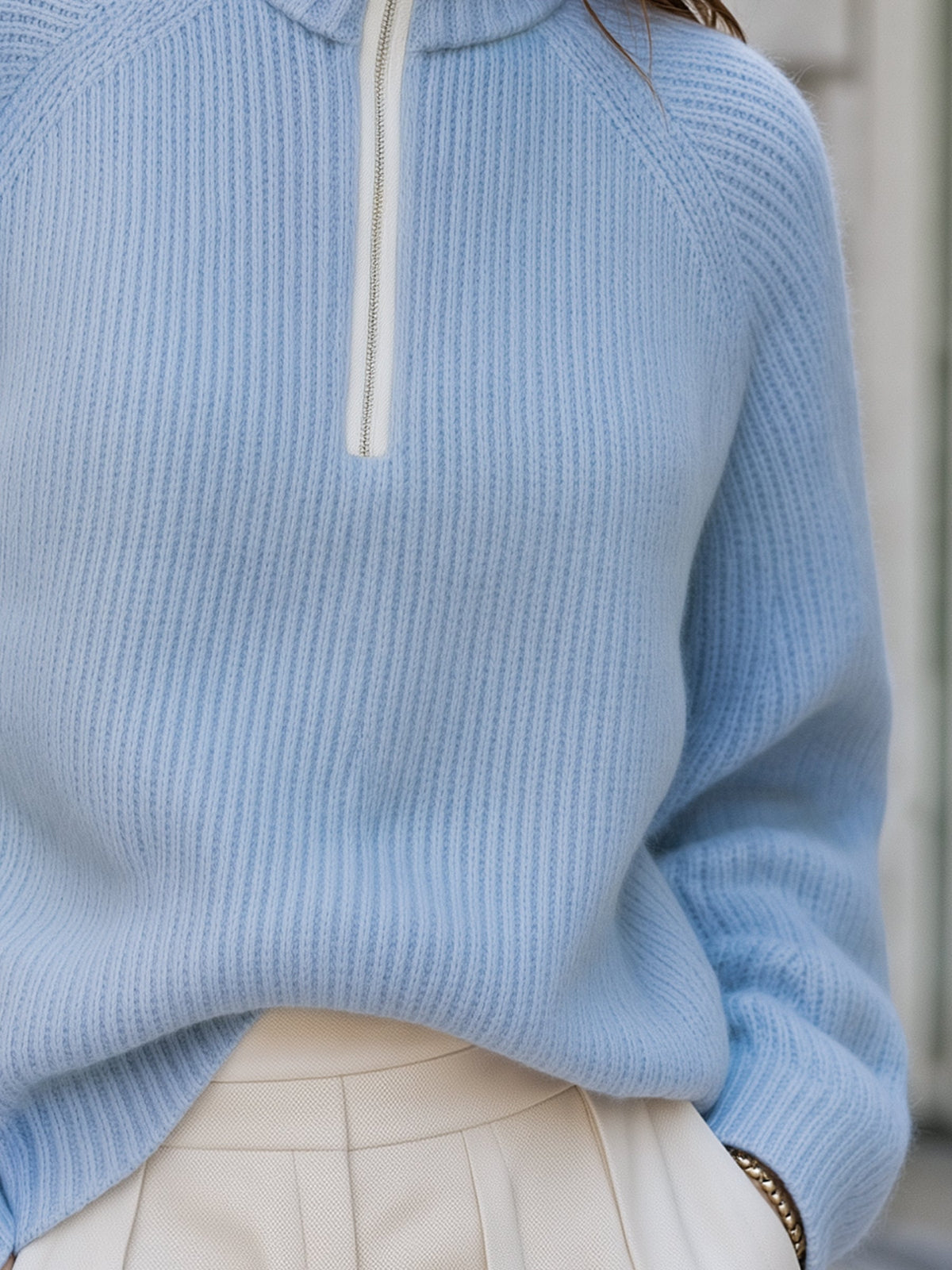 Relaxed-Fit Zip-Up Ribbed Knit Sweater