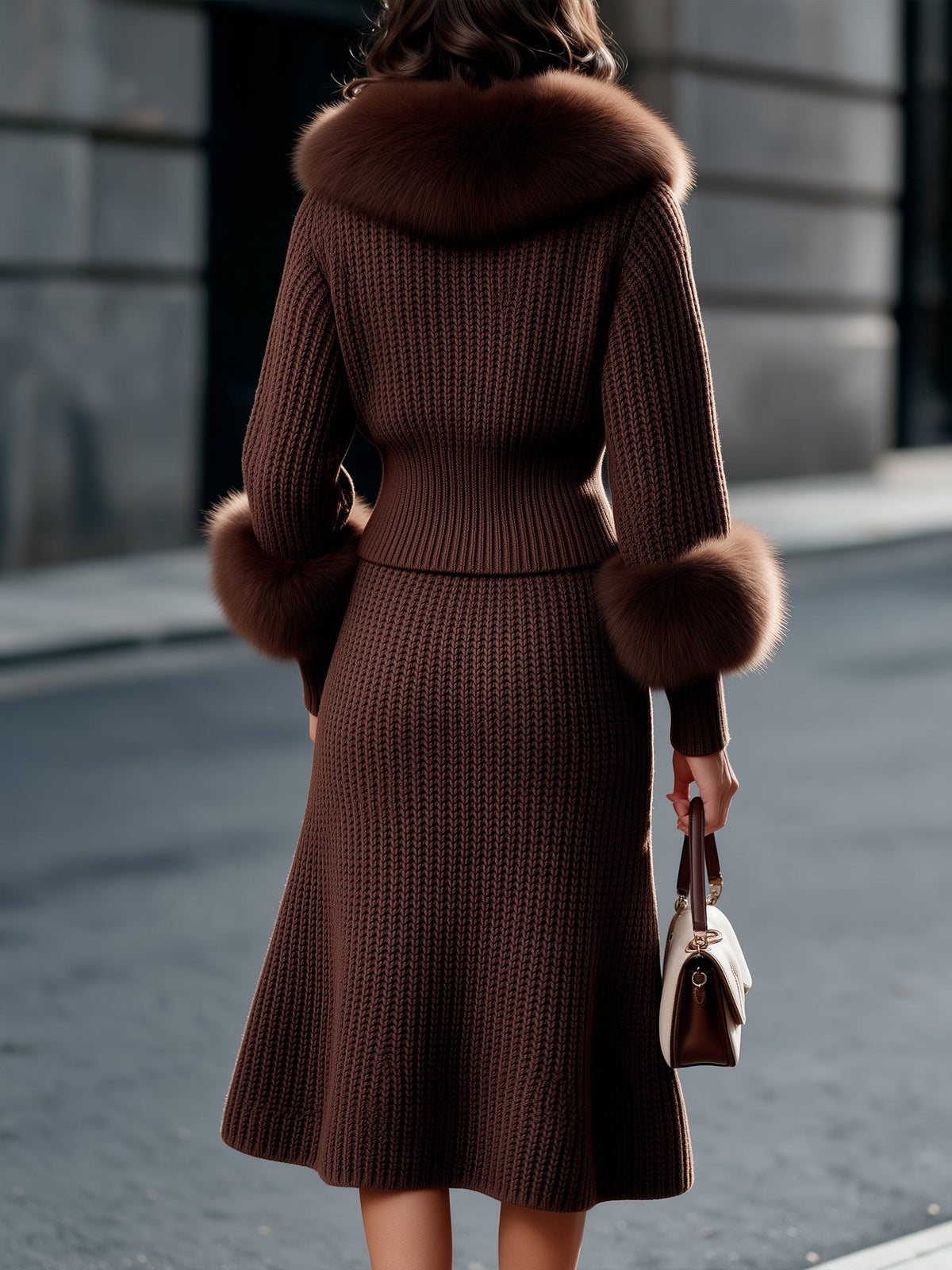Aux Fur Trim Knit Sweater And Midi Skirt Two-Piece Set