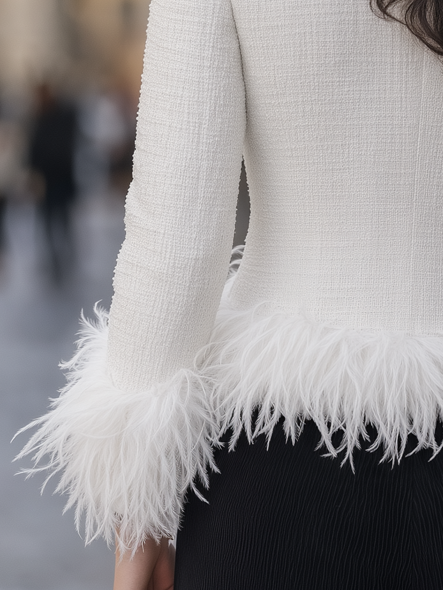 White Tweed Fringe Feather Trim Stand Collar Cropped Jacket