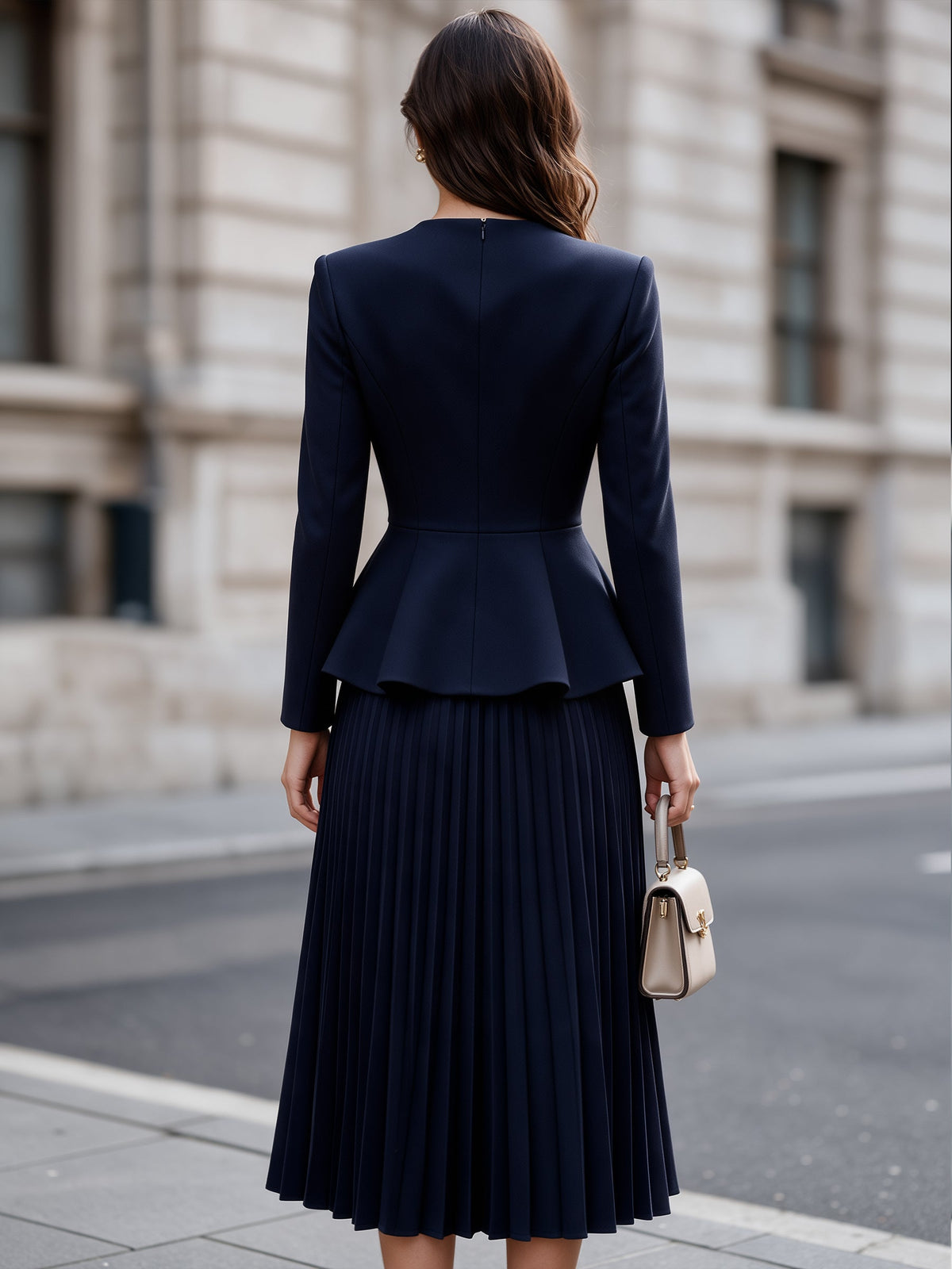 Peplum Blazer and Pleated Midi Skirt Two-Piece Set