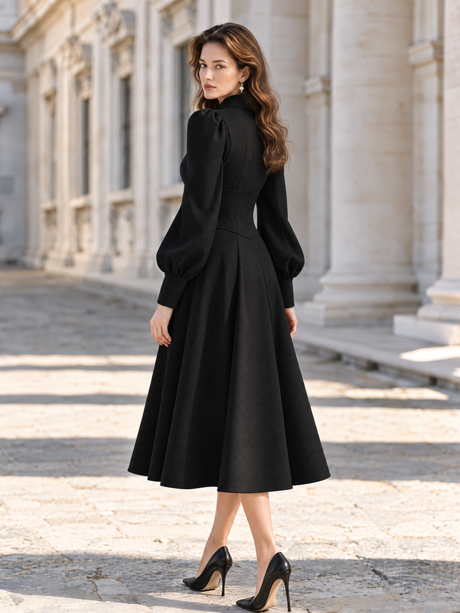 Victorian Style Stand Collar Puff Sleeve A-Line Midi Dress