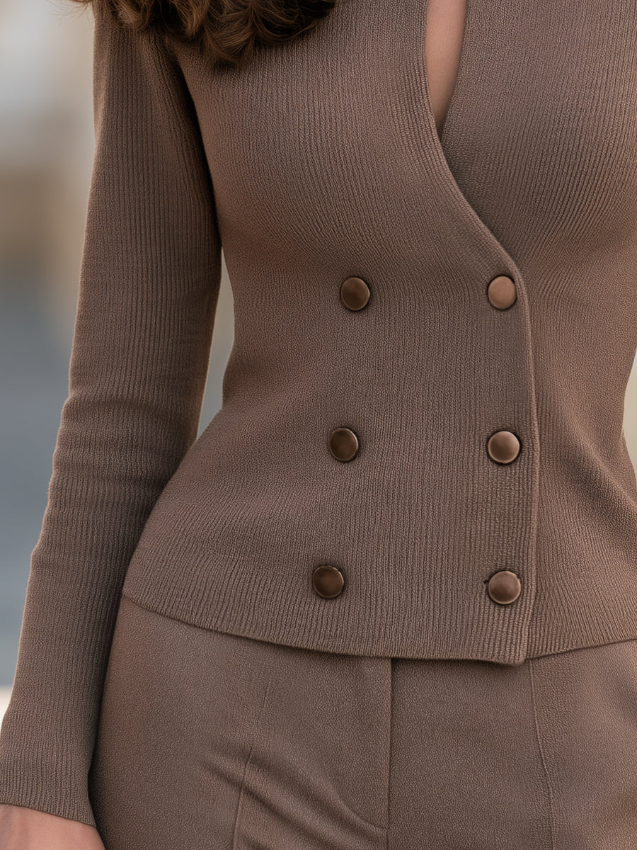 Double-Breasted Stand Collar Ribbed Knit Cardigan