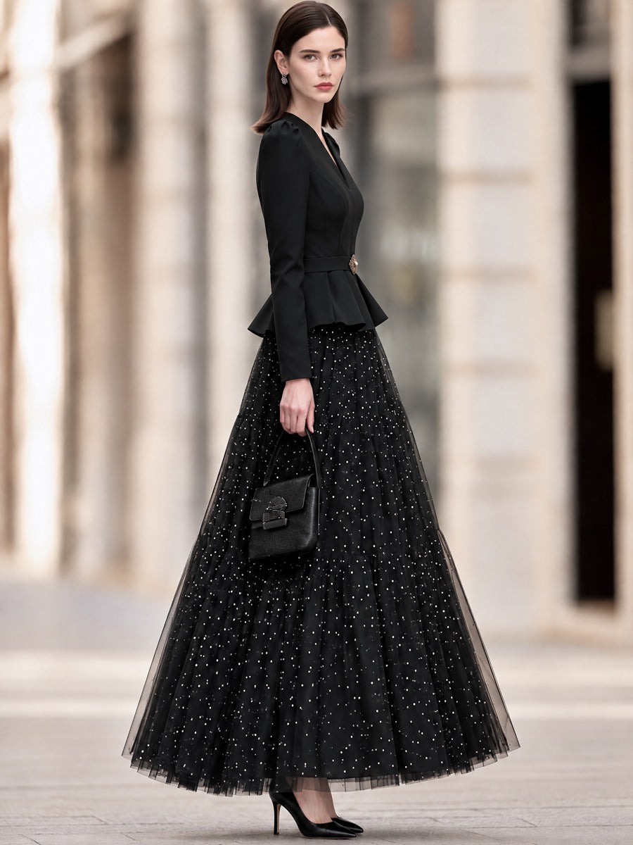 Crystal-Embellished Peplum Blazer And Tulle Maxi Skirt Set