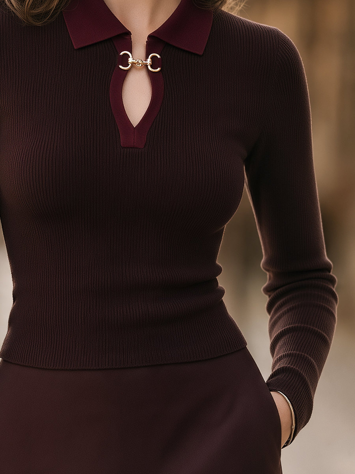 Keyhole Collar Ribbed Knit Sweater