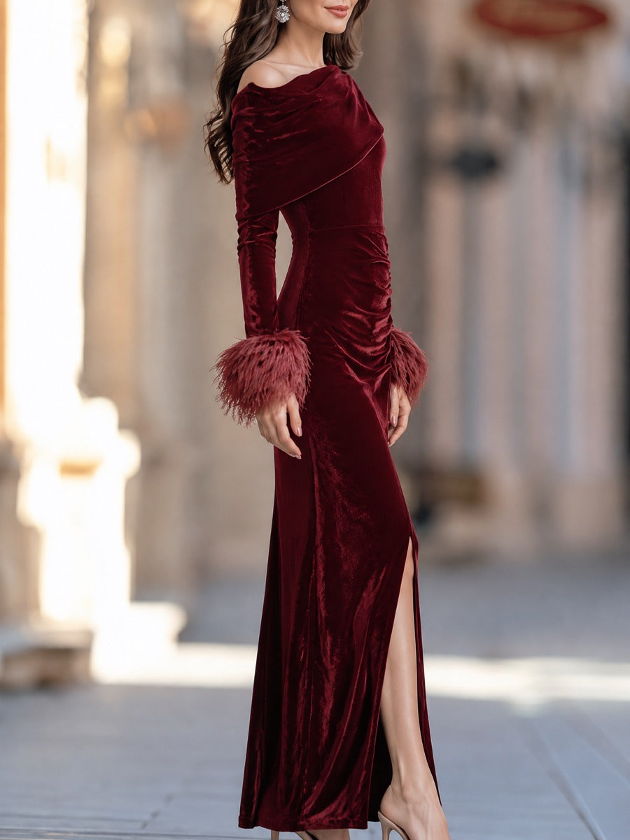 Off-Shoulder Velvet Ruched Midi Dress With Feather Cuffs