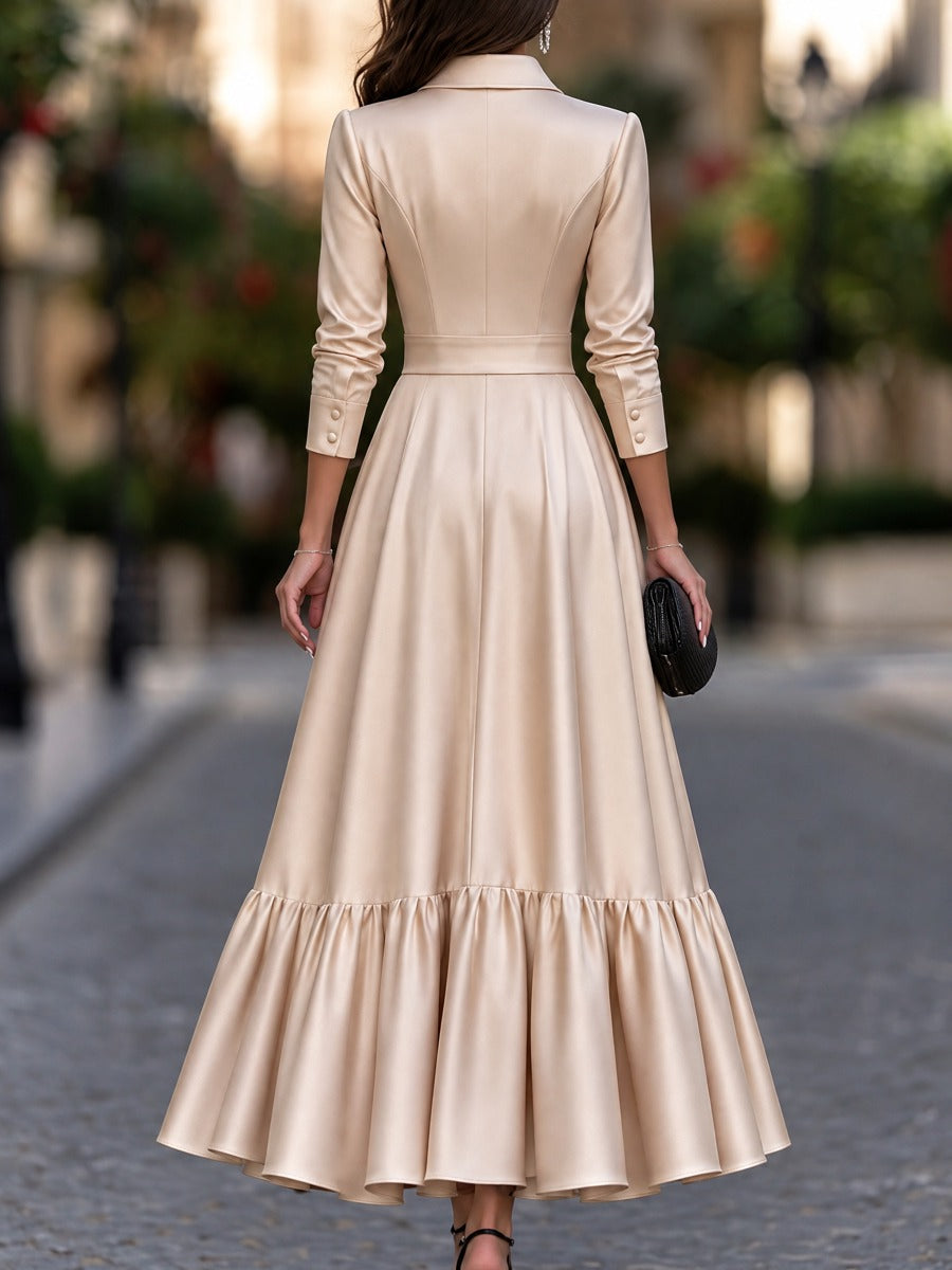Satin Button-Front Ruffle Maxi Shirt Dress