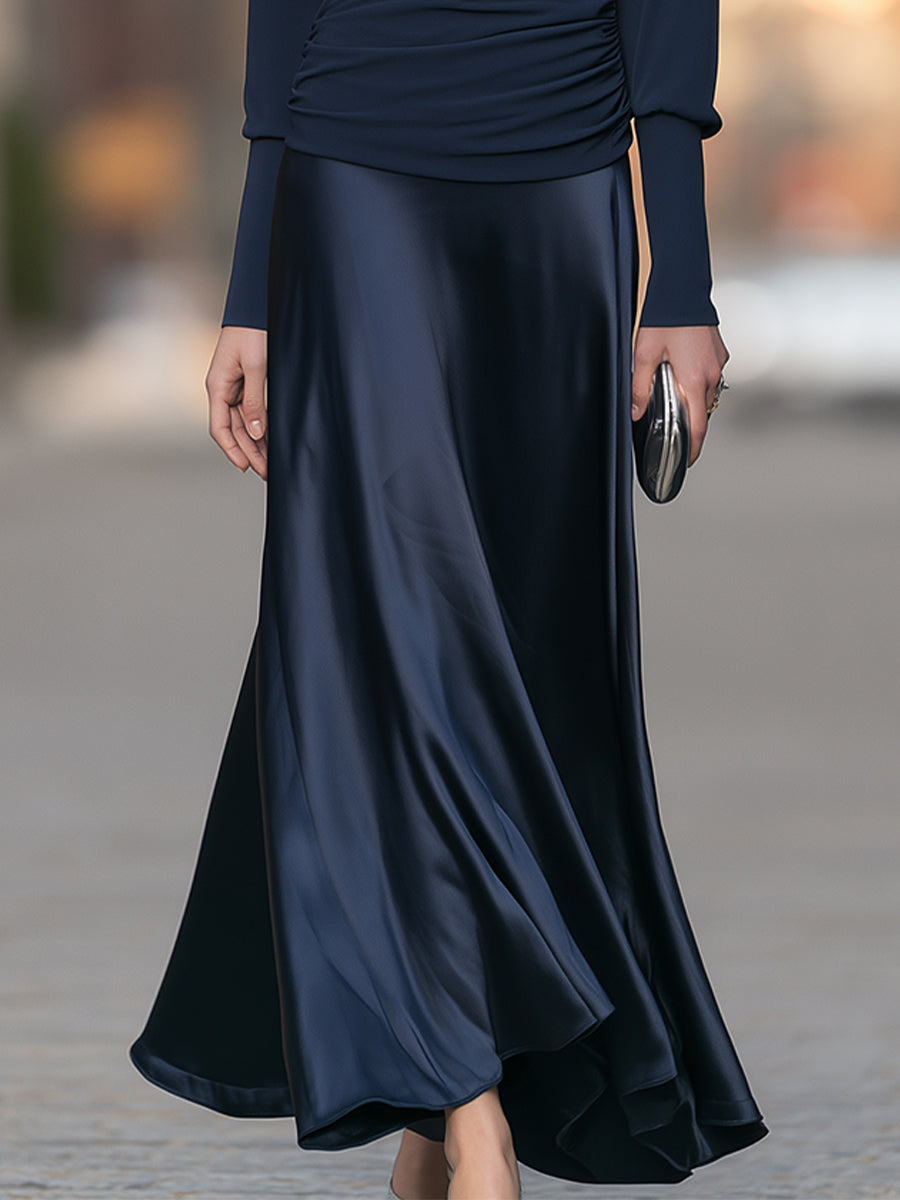 Cowl-Neck Ruched Top And Satin Maxi Skirt Two-Piece Set