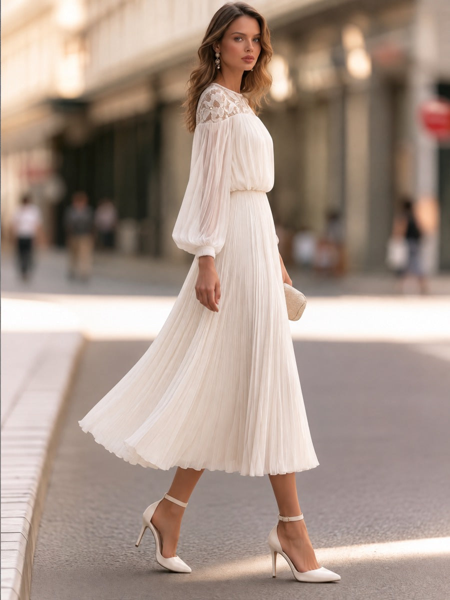 Lace Yoke Pleated Maxi Dress With Balloon Sleeves