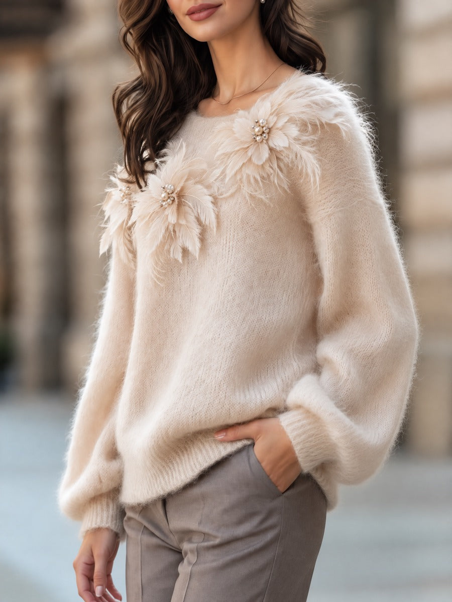 Feather And Pearl Appliqué Boat-Neck Fuzzy Knit Sweater