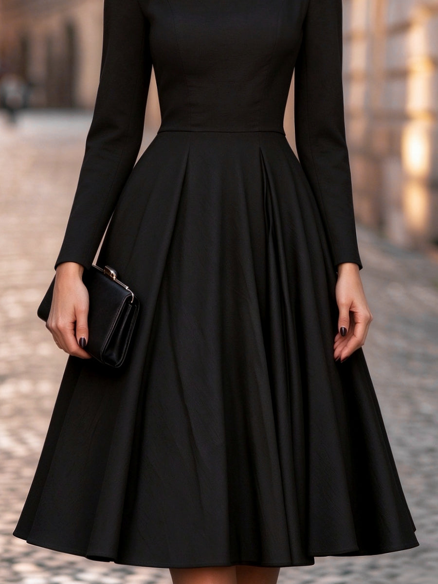 Collared Long Sleeve Pleated A-Line Midi Dress