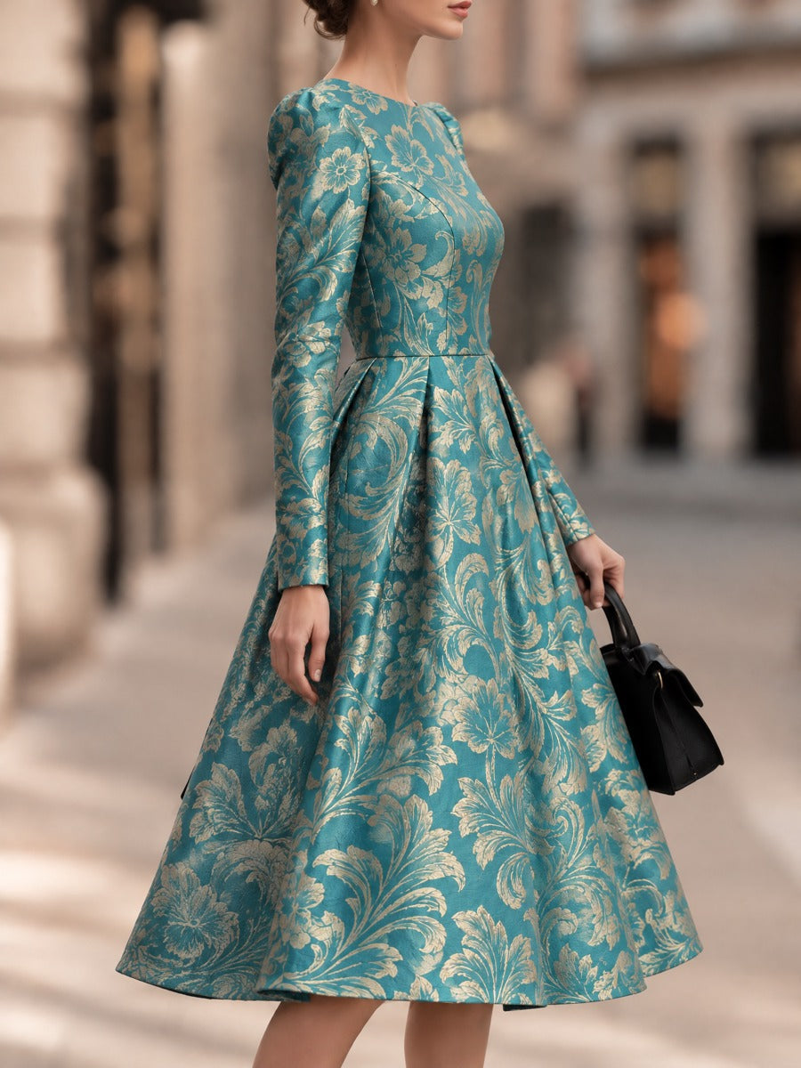Teal Floral Jacquard Long Sleeve Midi Dress – Puff Shoulder Pleated A-Line Dress