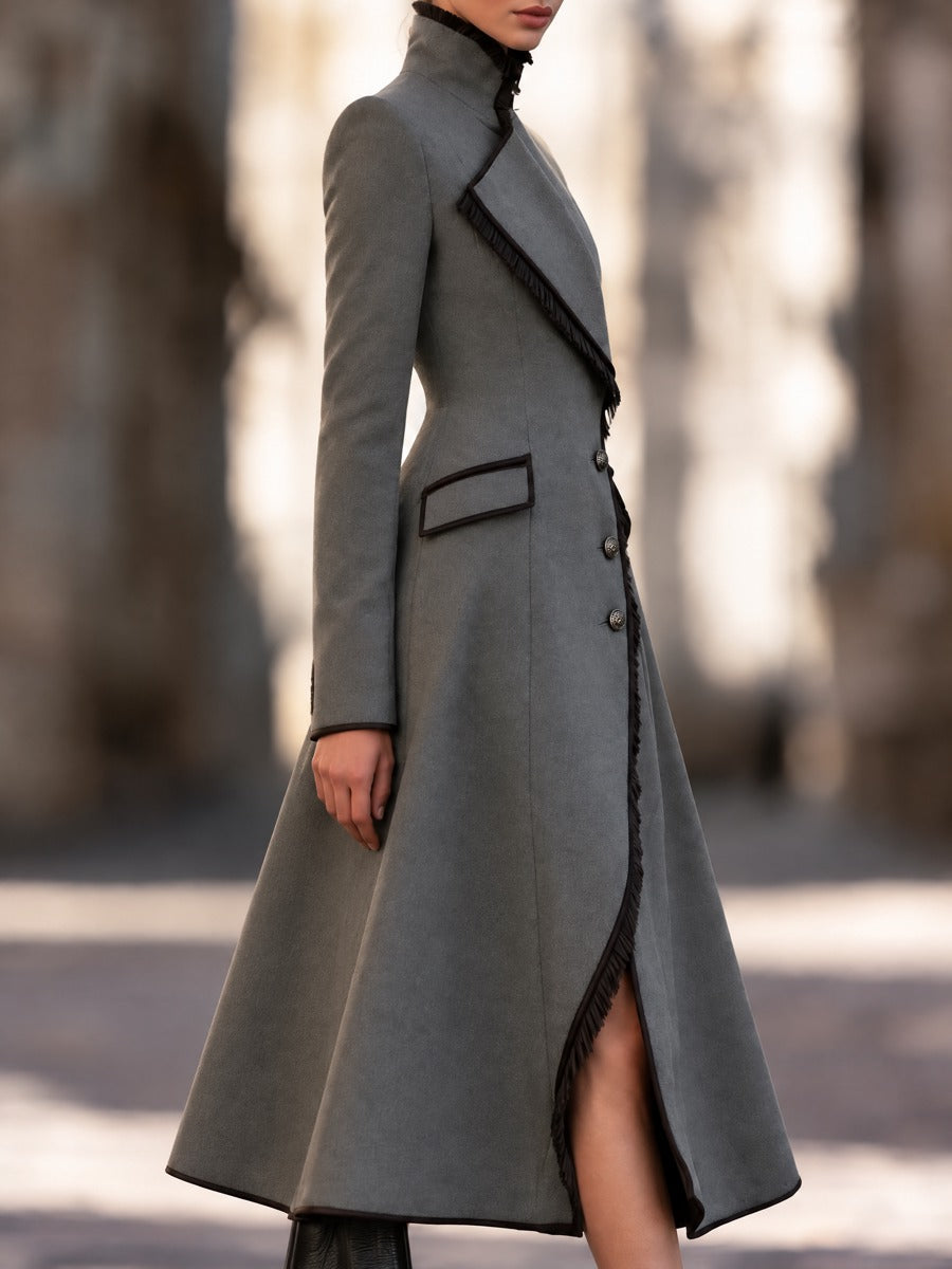 Elegant Grey Long Wool-Look Coat with Asymmetric Fringe Lapel and Flared A-Line Hem