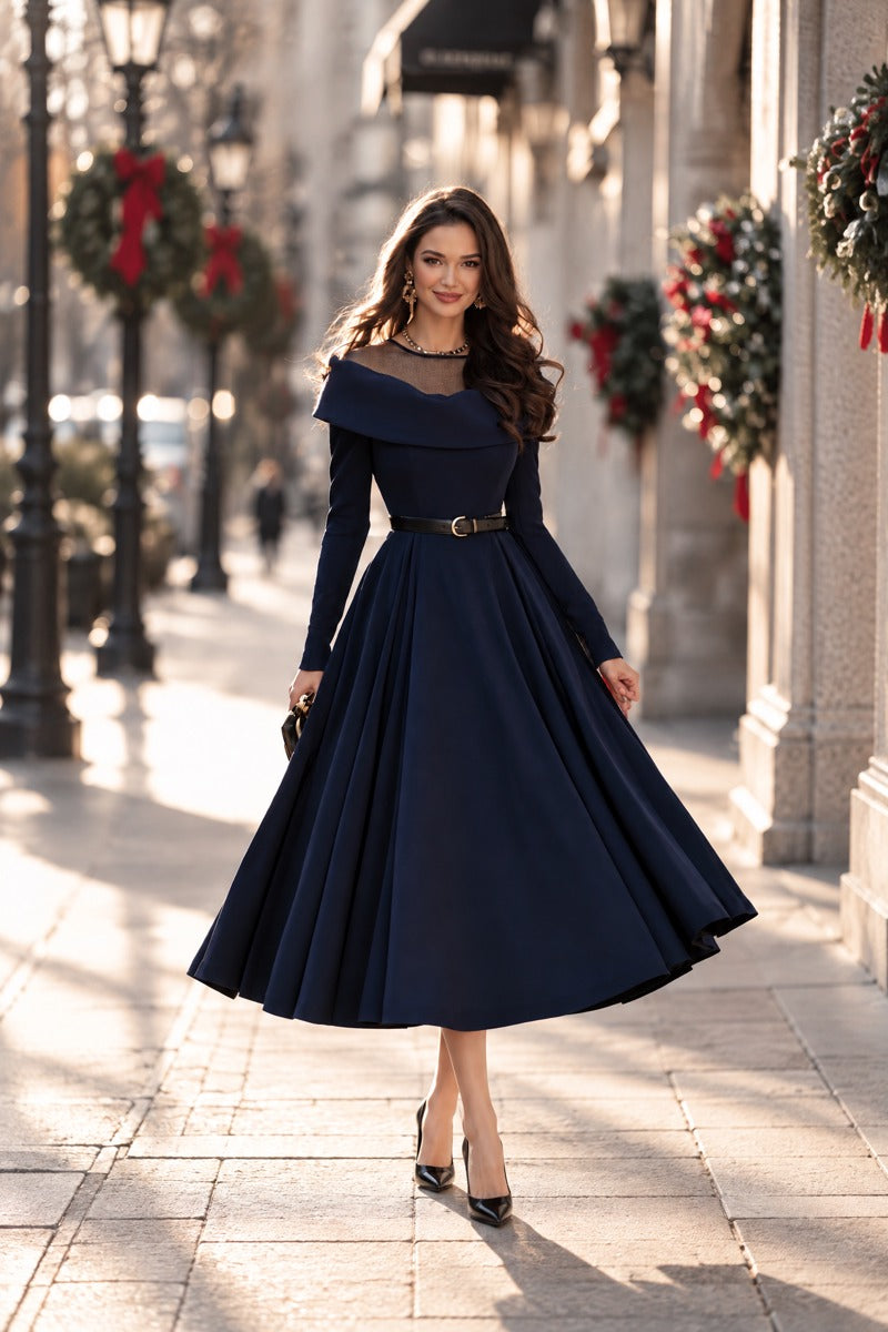 Elegant Sheer Mesh Off-Shoulder Belted A-Line Midi Dress
