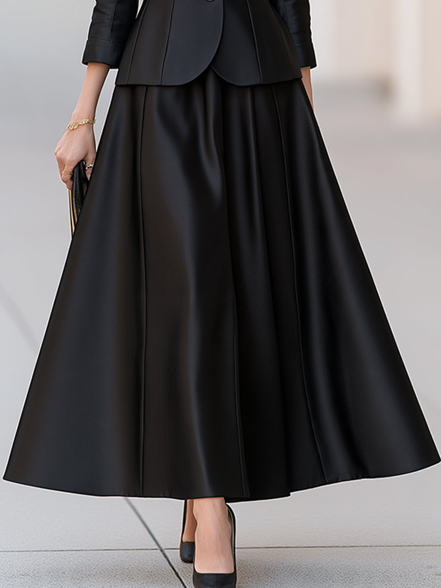 Elegant Shawl Collar Peplum Blazer And Flared Maxi Skirt Set