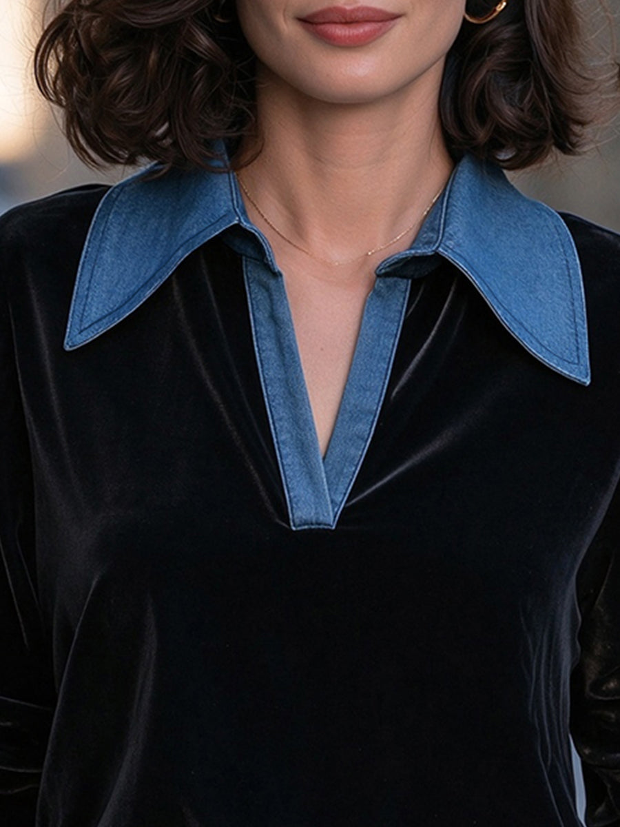 Faux Denim-Contrast Velvet V-Neck Top