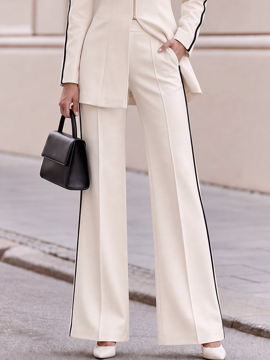 Lapel Zip Front Tailored Blazer And Side Stripe Wide Leg Pants Co Ord Set