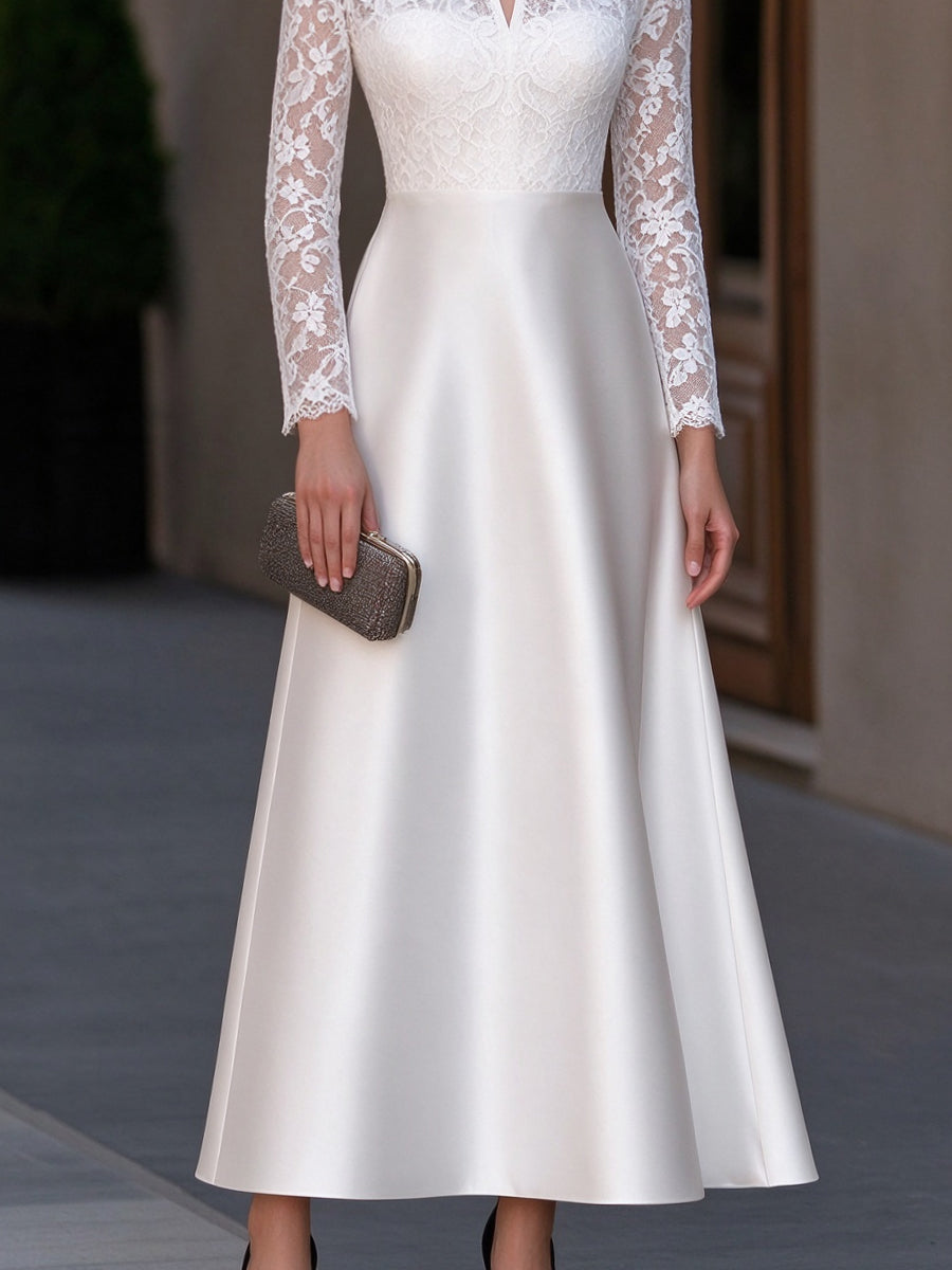 Floral Lace Long Sleeve Satin A-Line Dress