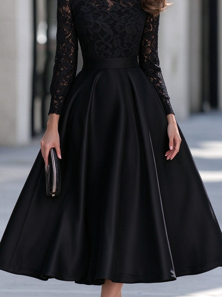 Round Neckline Lace Long Sleeve A-Line Satin Midi Dress