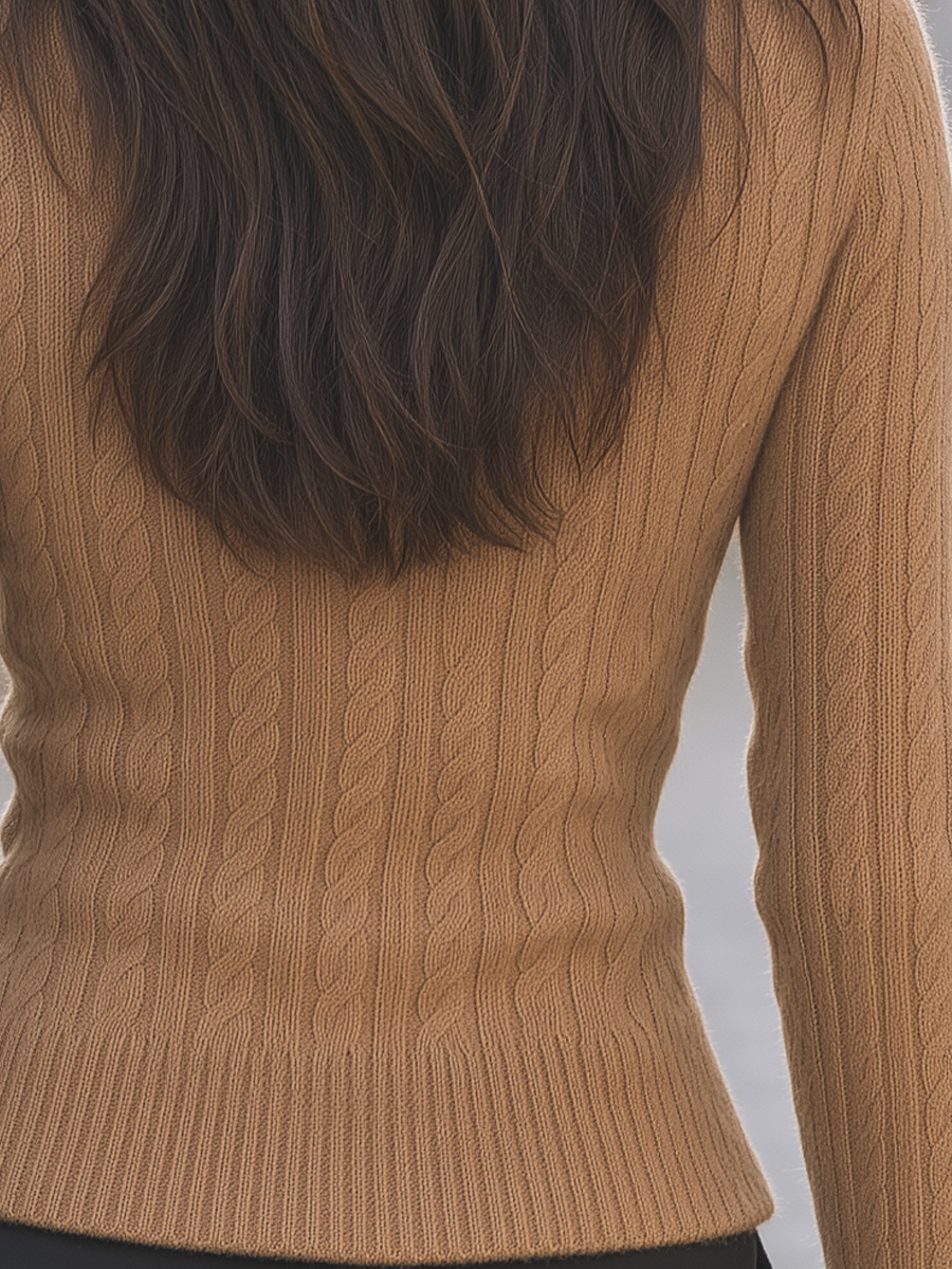 Camel Cowl Neck Cable Knit Slim Sweater Top