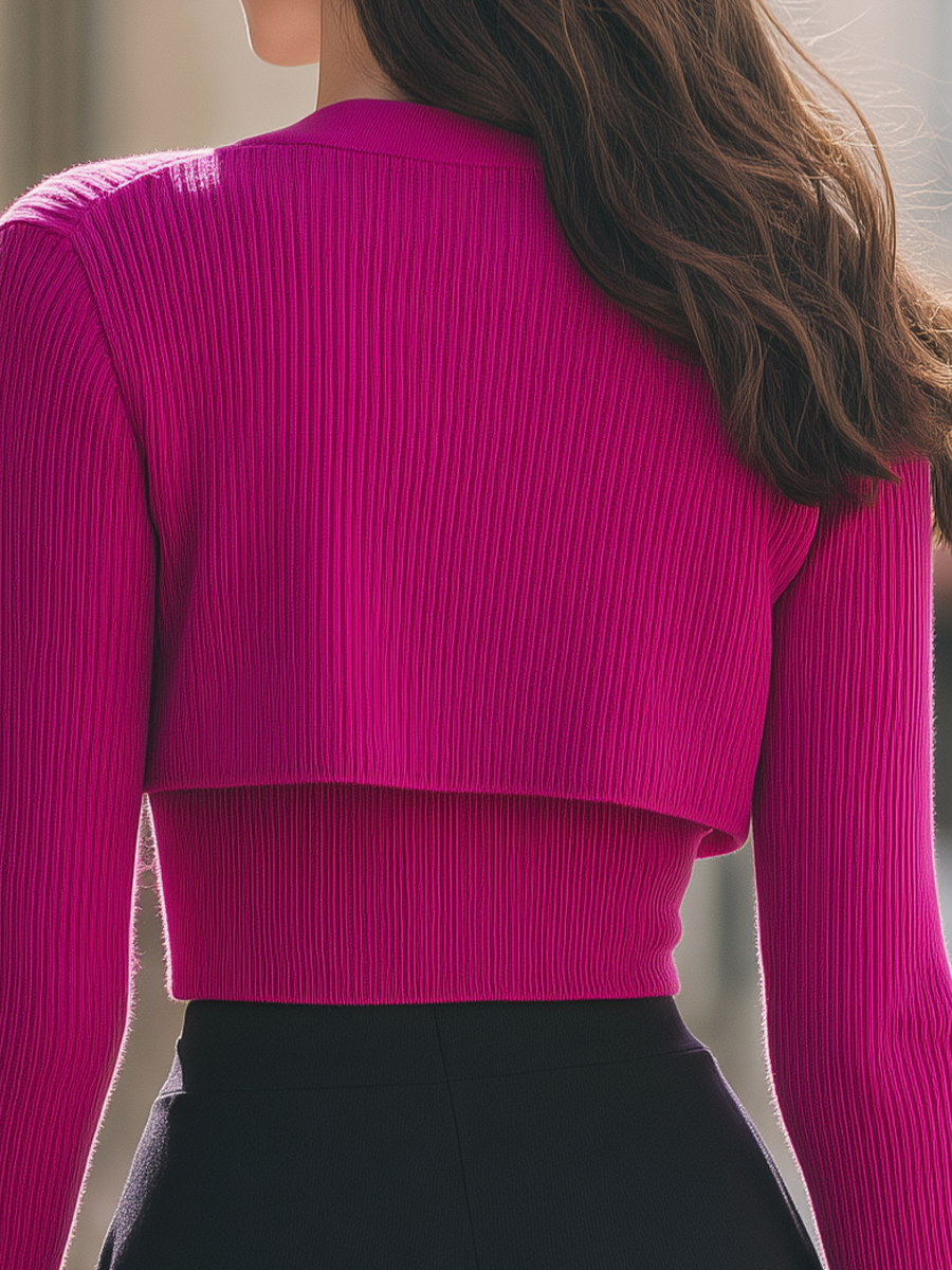 Magenta Ribbed Knit Camisole & Cropped Cardigan Black Skirt Set